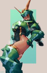 Rule 34 | 1girl, aqua background, armor, armored boots, black hair, black leotard, boobplate, boots, border, breastplate, breasts, commentary, commission, covered navel, dark-skinned female, dark skin, english commentary, fake horns, gauntlets, green armor, grey border, hair ribbon, harsh-mallowz, helmet, highres, horned helmet, horns, large breasts, leotard, lips, long hair, low-tied long hair, monster hunter, monster hunter (series), monster hunter 4 g, one eye covered, outside border, ribbon, second-party source, seltas (armor), solo, steaming body, sweat, thick thighs, thigh boots, thighhighs, thighs