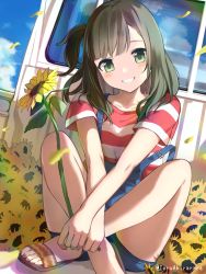 Rule 34 | 1girl, akira tooru, artist name, bare legs, blue overalls, blue sky, brown hair, cloud, commentary request, crossed ankles, day, flower, green eyes, grin, highres, indian style, knees up, legs, long hair, looking at viewer, motor vehicle, one side up, original, outdoors, overalls, petals, pickup truck, revision, sandals, shirt, short sleeves, sitting, sky, smile, solo, strap slip, striped clothes, striped shirt, sunflower, swept bangs, t-shirt, toes, truck, twitter username, wind