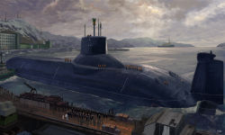 Rule 34 | boat, building, cloud, cloudy sky, dock, harbor, military, ocean, pier, port, ranpota, red theme, russia, russian text, scenery, ship, sky, submarine, the hunt for red october, typhoon-class submarine, water, watercraft