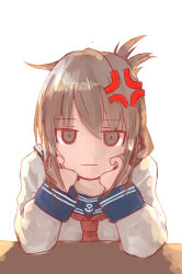 Rule 34 | 1girl, absurdres, anchor symbol, anger vein, blue sailor collar, brown eyes, brown hair, chicken99, commentary request, folded ponytail, hands on own face, highres, inazuma (kancolle), kantai collection, long hair, neckerchief, one-hour drawing challenge, red neckerchief, sailor collar, school uniform, serafuku, simple background, solo, white background