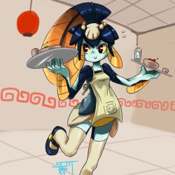 Rule 34 | 1girl, apron, blue skin, blush, bowl, coffee, colored sclera, colored skin, cup, fins, fish girl, hair ornament, head fins, lakilolom, minette (skullgirls), monster girl, pink eyes, scales, shell, skullgirls, smile, solo, som, thighhighs, tray, waitress, yellow sclera
