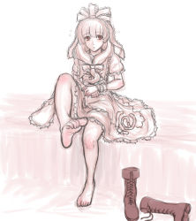 Rule 34 | 1girl, barefoot, boots, unworn boots, cross-laced footwear, dress, feet, female focus, front ponytail, hair ribbon, highres, kagiyama hina, kuro suto sukii, lace-up boots, long hair, monochrome, ribbon, shoes, unworn shoes, sitting, soles, solo, toes, touhou