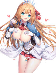 Rule 34 | 1girl, :d, ascot, blue eyes, blush, breasts, brown hair, cleavage, commentary request, elbow gloves, gloves, hair between eyes, hair ribbon, hands up, heart, highres, large breasts, long hair, looking at viewer, open mouth, pecorine (princess connect!), pleated skirt, princess connect!, puffy short sleeves, puffy sleeves, red ascot, red ribbon, red skirt, ribbon, ririko (zhuoyandesailaer), short sleeves, shrug (clothing), simple background, skirt, smile, solo, teeth, tiara, upper teeth only, very long hair, white background, white gloves
