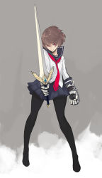 Rule 34 | 1girl, black pantyhose, bobhit, brown hair, full body, gauntlets, get amped, highres, holding, holding sword, holding weapon, light smile, long sleeves, looking at viewer, no shoes, pantyhose, pleated skirt, red eyes, school uniform, serafuku, short hair, simple background, skirt, solo, sword, weapon