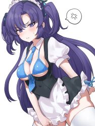 Rule 34 | 1girl, anger vein, angry, apron, between breasts, bikini, blue archive, breasts, buttons, double-breasted, highres, juliet sleeves, kanehira151, long hair, long sleeves, maid apron, maid headdress, medium breasts, necktie, necktie between breasts, puffy sleeves, purple eyes, purple hair, simple background, spoken anger vein, swimsuit, thighhighs, twintails, white background, white thighhighs, yuuka (blue archive)
