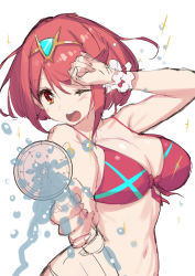 Rule 34 | 1girl, ;d, arm up, bare arms, bare shoulders, bikini, blush, breasts, cleavage, commentary request, green322, hand on own head, highres, holding, large breasts, navel, nintendo, one eye closed, open mouth, orange eyes, pov, pyra (xenoblade), red bikini, red hair, short hair, shower head, simple background, sketch, smile, solo, splashing, stomach, swept bangs, swimsuit, tiara, unfinished, upper body, water, white background, wrist cuffs, xenoblade chronicles (series), xenoblade chronicles 2