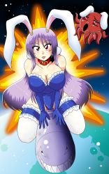 Rule 34 | 1girl, animal collar, animal ears, breasts, carrot necklace, cleavage, collar, collarbone, commentary request, earth (planet), frilled thighhighs, frills, gradient background, highres, inaba tewi, jewelry, large breasts, leotard, long hair, looking at viewer, missile, necklace, octopus, orbit, parodius, pendant, planet, playboy bunny, purple hair, rabbit ears, reisen udongein inaba, riding, sharp teeth, smile, space, star (symbol), tasuro115, tasuro kuzuha, teeth, thighhighs, thighs, tongue, tongue out, touhou, very long hair, what, white thighhighs
