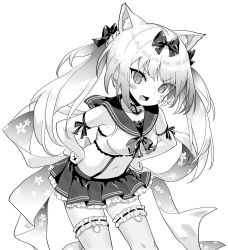 Rule 34 | 1girl, animal ears, azur lane, blush, bow, breasts, cat ears, cat girl, collarbone, crop top, fang, greyscale, hair bow, hands on own hips, hori (hori no su), leaning forward, looking at viewer, medium breasts, monochrome, navel, open mouth, pleated skirt, simple background, skin fang, skirt, smile, solo, thighhighs, twintails, white background, yukikaze (azur lane)