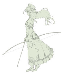 Rule 34 | 1girl, aka ringo, arms at sides, azuma shoujuan, bow (weapon), female focus, from side, full body, green theme, hair down, holding, holding bow (weapon), holding weapon, monochrome, simple background, solo, standing, touhou, weapon, white background, yagokoro eirin