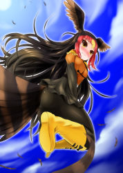 Rule 34 | 10s, 1girl, blonde hair, blush, boots, brown hair, feathered wings, guadalupe caracara (kemono friends), head wings, kemono friends, long hair, multicolored hair, pantyhose, red hair, sky, solo, watame (amarygent), wings, yellow eyes