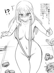 Rule 34 | !?, 10s, 2girls, beer mug, bikini, bismarck (kancolle), blush, breasts, collarbone, cup, greyscale, groin, hijiri tsukasa, kantai collection, long hair, looking down, medium breasts, midriff, monochrome, motion lines, mug, multiple girls, navel, personification, simple background, slingshot swimsuit, sweat, swimsuit, text focus, translation request, wavy mouth, white background, zzz