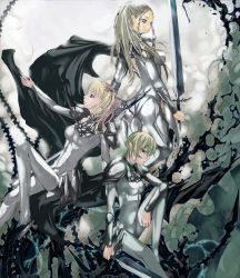 Rule 34 | 3girls, armor, blonde hair, bodysuit, braid, cape, cassandra (claymore), claymore (series), claymore (sword), grey eyes, highres, hysteria (claymore), long hair, multiple girls, nyami, outstretched arm, pointy ears, profile, roxanne (claymore), short hair, sitting, sword, twintails, weapon