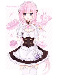 Rule 34 | 1girl, :d, absurdres, apron, black choker, black dress, breasts, choker, cleavage, collarbone, commentary request, dress, elbow gloves, elysia (honkai impact), elysia (miss pink elf) (honkai impact), food-themed background, frilled apron, frilled gloves, frills, garter straps, gloves, grey eyes, hands up, heart, heart hands, highres, honkai (series), honkai impact 3rd, long hair, looking at viewer, medium breasts, open mouth, pink hair, puffy short sleeves, puffy sleeves, rosu (rostar1r), short sleeves, smile, solo, standing, striped background, thighhighs, very long hair, waist apron, white apron, white gloves, white thighhighs