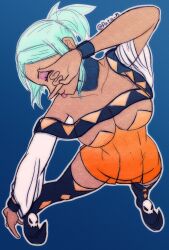 Rule 34 | 1girl, blue background, boots, breasts, cerebella (skullgirls), closed eyes, collarbone, covered navel, dark-skinned female, dark skin, detached collar, eyeshadow, from above, green hair, highres, large breasts, long sleeves, m/, makeup, no headwear, pata n, ponytail, skirt, skullgirls, smile, solo, thigh boots, tongue, tongue out, wide sleeves, wristband