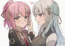 Rule 34 | 2girls, absurdres, assault lily, bare shoulders, bell, black gloves, black jacket, blonde hair, blurry, blush, braid, breasts, brown ribbon, closed mouth, collared shirt, depth of field, enomoto komomo, fingerless gloves, flower knot, french braid, from side, gloves, grey background, grey hair, hair bell, hair ornament, hair ribbon, hand up, heart, highres, holding another&#039;s hair, jacket, jingle bell, jiropi, light smile, looking at another, looking at viewer, looking to the side, medium breasts, multicolored hair, multiple girls, neck ribbon, necktie, open clothes, open jacket, parted lips, pink eyes, pink hair, ponytail, profile, raised eyebrows, red necktie, red ribbon, ribbon, school uniform, shirt, short hair, simple background, sleeveless, sleeveless shirt, streaked hair, sumitani miki, two-tone hair, upper body, yellow eyes, yuri