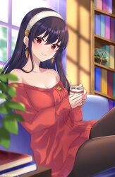 Rule 34 | 1girl, black pantyhose, book, bookshelf, breasts, cleavage, coffee, coffee mug, cup, earrings, gold earrings, gold hairband, hairband, highres, jewelry, kleune, long hair, long sleeves, looking at viewer, medium breasts, mug, off-shoulder sweater, off shoulder, out of frame, pantyhose, plant, red eyes, red sweater, smile, solo, spy x family, sweater, white hairband, window, yor briar