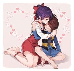 Rule 34 | 1boy, 1girl, barefoot, brown hair, closed eyes, commentary request, couple, gegege no kitarou, hair over one eye, hand on another&#039;s shoulder, heart, hetero, highres, kiss, kissing forehead, kitarou, nekomusume, nekomusume (gegege no kitarou 6), on ground, pointy ears, purple hair, short hair, silanduqiaocui, sitting, smile