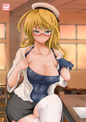 Rule 34 | 10s, 1girl, abs, aqua eyes, beret, blonde hair, blush, breasts, chair, cleavage, covered erect nipples, desk, dress shirt, female focus, glasses, hat, highres, i-8 (kancolle), kantai collection, large breasts, on desk, one-piece swimsuit, open clothes, open shirt, red-framed eyewear, shirt, sitting, on desk, skirt, smile, solo, swimsuit, thighhighs, white thighhighs, yano toshinori