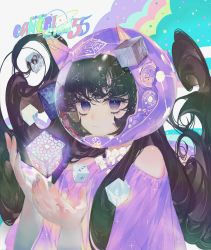 Rule 34 | 1girl, brown hair, cancer (constellation), cancer (zodiac), closed mouth, clothing cutout, dice, dress, fingernails, floating hair, glint, hands up, helmet, highres, jewelry, jitome, long hair, looking at viewer, motorcycle helmet, nail polish, necklace, original, pigeon666, purple dress, purple eyes, purple theme, shoulder cutout, solo, star-shaped pupils, star (symbol), symbol-shaped pupils, very long hair, zodiac