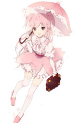 Rule 34 | 1girl, bag, cherry blossom cookie, cookie run, full body, long hair, long sleeves, looking at viewer, lpip, parasol, pink hair, pink skirt, pink theme, red eyes, simple background, skirt, smile, solo, thighhighs, twintails, two side up, umbrella