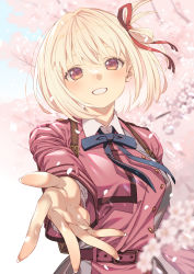 Rule 34 | 1girl, :d, black ribbon, blonde hair, blush, brown eyes, cherry blossoms, day, fingernails, grin, hair ribbon, highres, kink (tortoiseshell), long fingernails, long sleeves, looking at viewer, lycoris recoil, neck ribbon, nishikigi chisato, open mouth, outdoors, outstretched arm, palms, parted lips, red ribbon, ribbon, school uniform, short hair, smile, solo, spring (season)