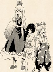 Rule 34 | 3girls, bad id, bad twitter id, barefoot, bow, cage in lunatic runagate, dress, dual persona, fujiwara no mokou, fujiwara no mokou (young), hair bow, hair ribbon, hands in pockets, hat, injury, japanese clothes, kamishirasawa keine, kimono, long hair, monochrome, multiple girls, pot, ribbon, sepia, short hair, smile, suspenders, time paradox, touhou, urin, aged down