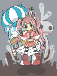 Rule 34 | 1boy, 1girl, capelet, chibi, crown, devil fruit, emita, ghost, graveyard, heart, highres, horo horo no mi, kumacy, long hair, o o, one piece, pantyhose, perona, pink hair, red footwear, scar, shoes, skirt, standing, stitched, stitches, striped clothes, striped pantyhose, third-party edit, thriller bark, twintails, very long hair, zombie, zomibie