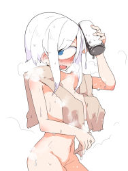 Rule 34 | 1girl, after bathing, blue eyes, blush, breasts, can, cyclops, fang, female focus, highres, holding, holding can, large breasts, monster girl, nude, one-eyed, open mouth, original, sidelocks, solo, steam, tomatojam, towel, towel around neck, wet, white hair