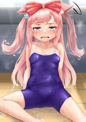 Rule 34 | agnes digital (umamusume), alternate costume, animal ears, blush, bow, breasts, commentary request, exhausted, floor, hair bow, highres, horse ears, horse tail, looking at viewer, naka ushiro, navel, open mouth, pink hair, school swimsuit, small breasts, spread legs, sweat, swimsuit, tail, umamusume, wet