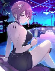 Rule 34 | 1girl, alternate costume, backless dress, backless outfit, black dress, black footwear, blush, breasts, closed mouth, commentary request, crossed legs, cup, dress, earrings, from behind, genshin impact, gumilkx, hair between eyes, hair ornament, hairband, head tilt, highres, holding, holding cup, jewelry, large breasts, looking at viewer, multicolored hair, night, outdoors, pool, purple eyes, purple hair, rosaria (genshin impact), short hair, sitting, sleeveless, sleeveless dress, solo, sparkle, streaked hair, tree