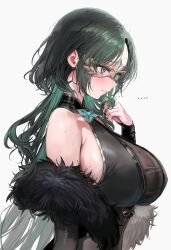 Rule 34 | ..., 1girl, absurdres, arm up, azur lane, bare shoulders, black dress, black hair, blush, breasts, colored inner hair, detached sleeves, domino mask, dress, embarrassed, freng, from side, frown, fur trim, green eyes, green hair, highres, huan ch&#039;ang (azur lane), huge breasts, long hair, mask, multicolored hair, profile, see-through, simple background, sleeveless, sleeveless dress, solo, sweat, two-tone hair, upper body, white background