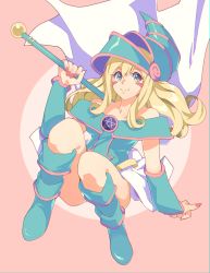 Rule 34 | 1girl, bad id, bad pixiv id, bare shoulders, blonde hair, blush stickers, boots, cape, dark magician girl, duel monster, full body, hat, highres, kamameshi gougoumaru, long sleeves, looking at viewer, sitting, skirt, smile, solo, staff, vambraces, white skirt, wizard hat, yellow eyes, yu-gi-oh!