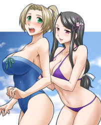 Rule 34 | 2girls, bare shoulders, bikini, black hair, blonde hair, blue one-piece swimsuit, blush, breasts, cleavage, cloud, day, fingernails, from side, green eyes, hair ornament, hair ribbon, hand on back, hazel (rune factory), huge breasts, jewelry, large breasts, legs, long hair, looking at another, looking back, low-tied long hair, maeda sengoku, mature female, multiple girls, nail polish, navel, one-piece swimsuit, open mouth, pink nails, purple bikini, red eyes, ribbon, ring, rune factory, rune factory 3, shinonome (rune factory), short hair, short ponytail, sidelocks, sky, smile, strap gap, strapless, strapless one-piece swimsuit, sweat, swimsuit, thighs, wedding band