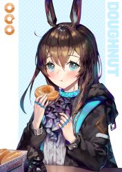 Rule 34 | 1girl, :t, a0lp, amiya (arknights), animal ears, arknights, black jacket, blue eyes, blue neckwear, blush, brown hair, character doll, doctor (arknights), doughnut, food, grey shirt, hair between eyes, hands up, highres, holding, holding food, jacket, jewelry, long hair, long sleeves, looking at viewer, neck ring, rabbit ears, ring, shirt, solo, upper body