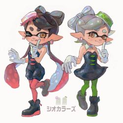 Rule 34 | 2girls, :q, bare shoulders, black dress, black footwear, black hair, bow-shaped hair, callie (splatoon), closed mouth, collar, commentary, detached collar, dress, earrings, food, food on head, full body, gloves, gradient hair, green pantyhose, grey hair, highres, hoop earrings, inkling, jewelry, long hair, marie (splatoon), miko (15476997), mole, mole under eye, multicolored hair, multiple girls, nintendo, object on head, one eye closed, pantyhose, pink hair, pink pantyhose, pointy ears, shoes, short hair, simple background, smile, splatoon (series), splatoon 1, standing, star-shaped pupils, star (symbol), strapless, strapless dress, sushi, symbol-only commentary, symbol-shaped pupils, tentacle hair, thick eyebrows, tongue, tongue out, translation request, two-tone hair, white background, white collar, white gloves, yellow eyes