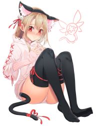 Rule 34 | 1girl, absurdres, animal ear fluff, animal ears, ass, bad id, bad pixiv id, bell, black thighhighs, blonde hair, blush, cat ears, cat tail, commentary request, fake animal ears, fake tail, fate/kaleid liner prisma illya, fate (series), full body, hair between eyes, hair ribbon, highres, illyasviel von einzbern, long hair, long sleeves, looking at viewer, panties, red eyes, ribbon, simple background, sitting, smile, solo, tail, tail ornament, tail ribbon, thighhighs, tjrwnsleo, underwear, white background, white panties