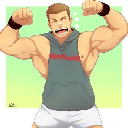 Rule 34 | 1boy, armpits, artist name, bandaid, bandaid on face, bandaid on nose, bara, biceps, brown hair, closed eyes, double biceps pose, flexing, happy, highres, hood, hoodie, large pectorals, male focus, manly, mature male, muscular, muscular male, nipples, open mouth, original, pectorals, short eyebrows, shorts, sideburns, sidepec, smile, solo, spiked hair, tank top, teeth, thick arms, thick eyebrows, tongue, wristband, zifu