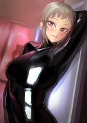 Rule 34 | 1girl, black bodysuit, blush, bodysuit, breasts, closed mouth, grey eyes, grey hair, hand up, highres, kilye kairi, large breasts, latex, latex bodysuit, looking at viewer, original, pink background, shiny clothes, sidelocks, skin tight, smile, solo, upper body