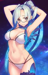 Rule 34 | 1girl, alternate costume, armpits, arms behind head, arms up, bare arms, bespectacled, bikini, blush, breasts, brynhildr (fate), brynhildr (swimsuit berserker) (fate), brynhildr (swimsuit berserker) (first ascension) (fate), cleavage, collarbone, colored inner hair, commentary request, cowboy shot, fate/grand order, fate (series), glasses, hair ornament, hands in hair, large breasts, long hair, looking at viewer, multicolored hair, navel, parted lips, purple eyes, rotix, silver hair, smile, solo, star (symbol), starry background, stomach, swimsuit, thigh strap, very long hair, white bikini, wings