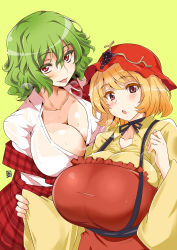 Rule 34 | 2girls, aki minoriko, alternate breast size, aoi manabu, apron, blonde hair, breasts, chestnut mouth, cleavage, collarbone, food, fruit, grapes, green hair, hat, huge breasts, kazami yuuka, looking at viewer, mob cap, multiple girls, off shoulder, open mouth, red eyes, shirt, skirt, smile, sweat, tongue, tongue out, touhou, vest
