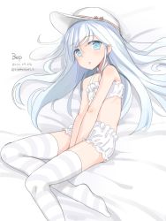 Rule 34 | 10s, 1girl, :o, alternate costume, bloomers, blue eyes, blush, character name, cinderella bust, dated, fujishiro touma, hat, hibiki (kancolle), kantai collection, long hair, looking at viewer, lying, no shoes, on back, silver hair, solo, striped clothes, striped thighhighs, thighhighs, twitter username, underwear, underwear only, v arms, verniy (kancolle)