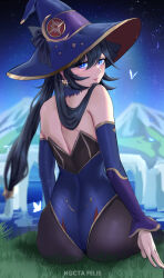 Rule 34 | 1girl, alternate eye color, ass, back, bare shoulders, black hair, black pantyhose, blue eyes, blue leotard, crystalfly (genshin impact), earrings, from behind, fur collar, genshin impact, grass, hat, highres, jewelry, leotard, lips, long hair, looking at viewer, looking back, mona (genshin impact), mountain, night, night sky, nocta felis, outdoors, pantyhose, sitting, sky, solo, star (sky), starry sky, twintails, witch hat