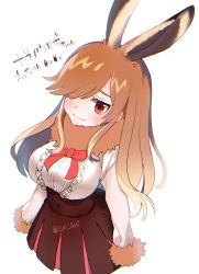 Rule 34 | 1girl, animal ears, blush, bow, bowtie, breasts, brown eyes, brown hair, rabbit, commentary request, european hare (kemono friends), hair over one eye, highres, ichi 0w0, kemono friends, large breasts, long hair, one eye covered, pleated skirt, signature, skirt, translation request, white background