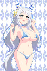 Rule 34 | 1girl, absurdres, alternate costume, alternate hair length, alternate hairstyle, animal ears, argyle, argyle background, bikini, blue bikini, blue choker, breasts, brown eyes, choker, cleavage, commentary request, cowboy shot, denim, ear covers, ear ornament, frilled bikini, frills, grey hair, highres, hishi miracle (umamusume), horse ears, horse girl, horse tail, jeans, large breasts, long hair, looking at viewer, navel, open mouth, pants, solo, swimsuit, tail, umamusume, wontam