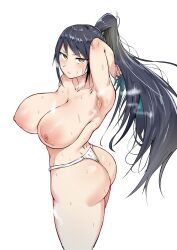 1girl arm_behind_head armpits ass black_hair breasts closed_mouth collarbone fetish_third fundoshi highres japanese_clothes large_breasts long_hair looking_at_viewer looking_back nipples original ponytail presenting_armpit simple_background smell solo sweat topless v-shaped_eyebrows very_long_hair white_background yellow_eyes