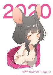 Rule 34 | 2020, animal, animal ears, animal on shoulder, armpit crease, bare shoulders, black hair, breasts, chinese zodiac, cleavage, closed mouth, collarbone, half-closed eyes, happy new year, jacket, medium hair, mogumo, mole, mole on breast, mouse (animal), mouse ears, new year, open clothes, open jacket, orange eyes, original, purple jacket, upper body, year of the rat