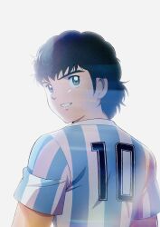 Rule 34 | 1boy, argentina, argentinian flag, argentinian flag print, black eyes, black hair, captain tsubasa, commentary request, curly hair, flag print, from behind, grin, highres, ishibashi daisuke, juan diaz, looking at viewer, male focus, shirt, short hair, short sleeves, simple background, smile, soccer uniform, solo, sportswear, striped clothes, striped shirt, upper body, vertical-striped clothes, vertical-striped shirt, white background