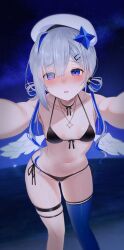 Rule 34 | 1girl, amane kanata, amane kanata (work), angel, angel wings, beret, bikini, black bikini, blue hair, blue thighhighs, blush, breasts, collarbone, colored inner hair, commentary request, foreshortening, grey hair, hair rings, hat, highres, hololive, jewelry, looking at viewer, medium hair, midriff, multicolored hair, navel, necklace, night, open mouth, outstretched arms, pov, purple eyes, revision, single thighhigh, small breasts, solo, star (symbol), star necklace, stomach, swimsuit, thigh strap, thighhighs, thighs, tojo aoi, virtual youtuber, wet, white hat, wings