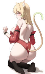 Rule 34 | 1girl, absurdres, animal ear fluff, animal ears, ass, backless leotard, black thighhighs, black wristband, blonde hair, blush, breasts, commission, from behind, from side, highres, large breasts, leotard, long hair, original, poko (poko), profile, red eyes, red leotard, sideways glance, simple background, solo, squatting, strapless, strapless leotard, tail, thighhighs, thighs, white background