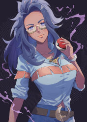 Rule 34 | 12 hnt, 1girl, absurdres, belt, black hair, blue pants, bracelet, breasts, brown belt, collared shirt, commentary request, creatures (company), eyelashes, game freak, glasses, grey eyes, hand up, highres, holding, holding poke ball, jewelry, large breasts, long hair, looking at viewer, nintendo, pants, parted lips, poke ball, poke ball (basic), pokemon, pokemon sv, raifort (pokemon), semi-rimless eyewear, shirt, sleeves rolled up, smile, solo